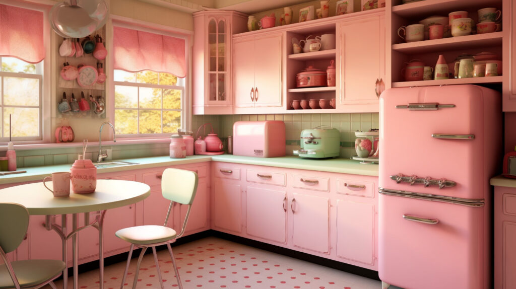 Retro kitchen showcasing a delightful and charming pink color palette 
