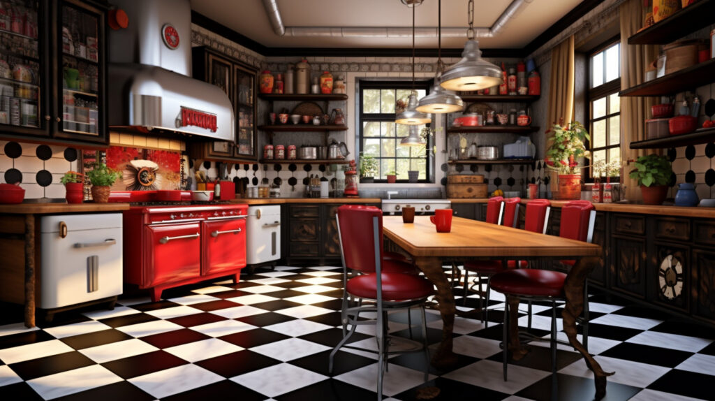 Retro kitchen showcasing checkerboard tiles for a timeless and eye-catching floor pattern