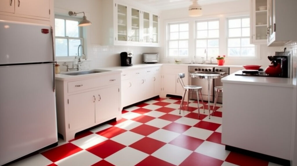 Retro kitchen showcasing checkerboard tiles for a timeless and eye-catching floor pattern