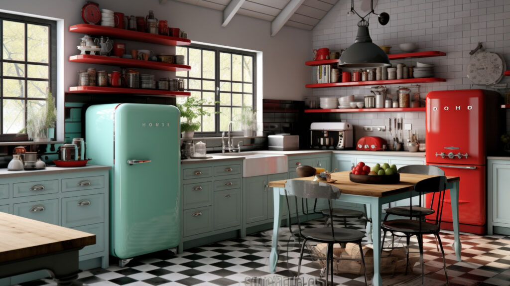 Retro kitchen showcasing contrasting vintage appliances for a captivating design