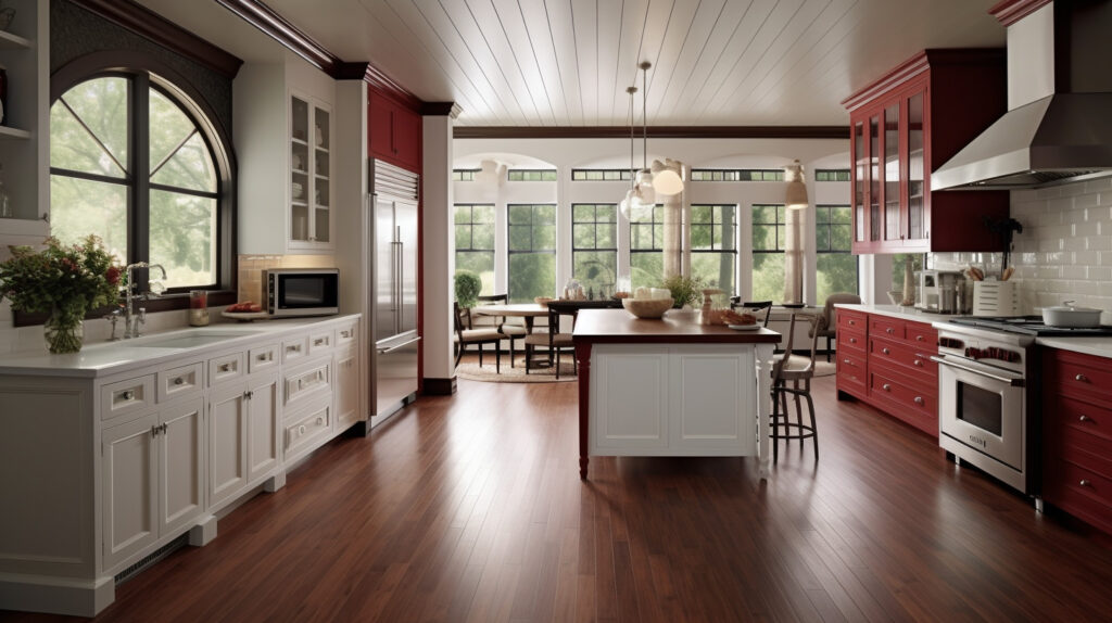 Retro kitchen showcasing deep cherry floors for a touch of elegance and sophistication 