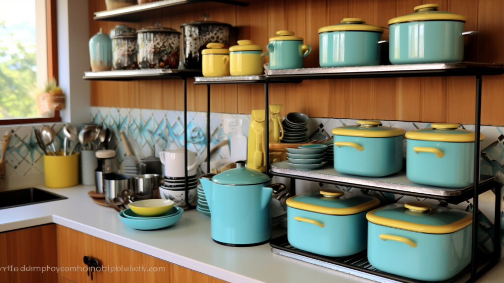 Retro kitchen showcasing enamelware and melamine dinnerware for a classic and practical touch -