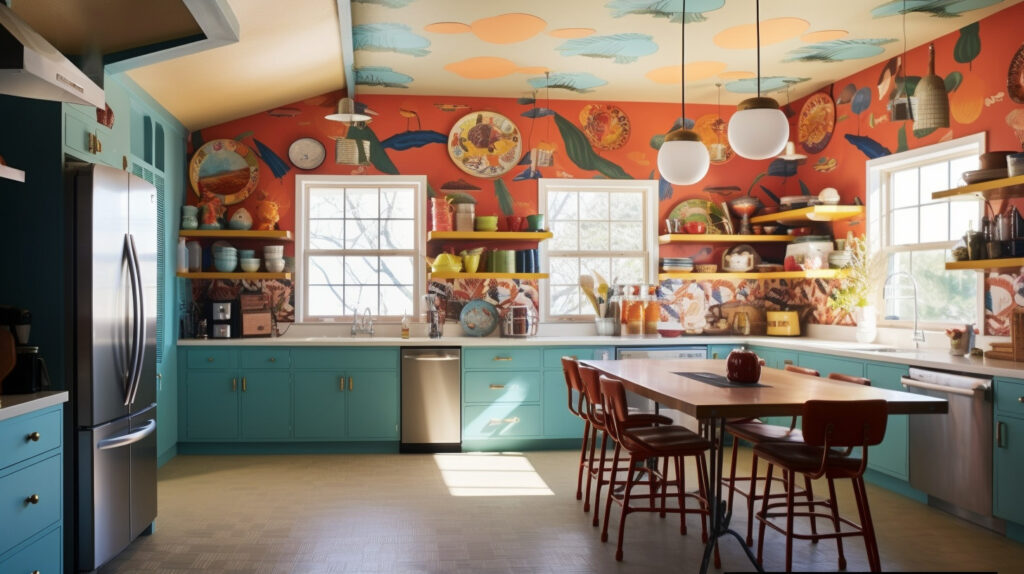 Retro kitchen showcasing lively patterned wallpaper and vibrant cabinets for a captivating design 