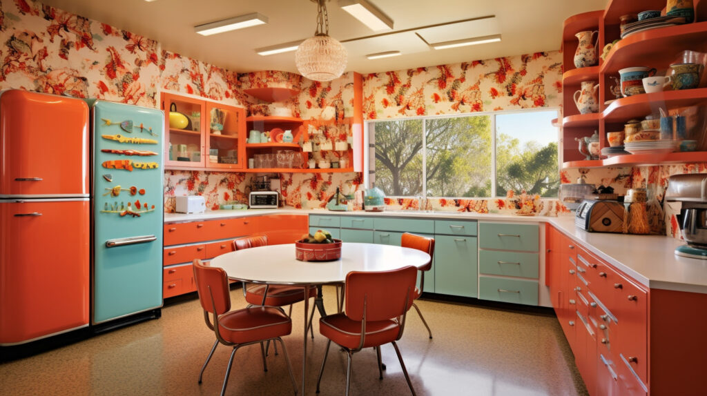Retro kitchen showcasing lively patterned wallpaper and vibrant cabinets for a captivating design 