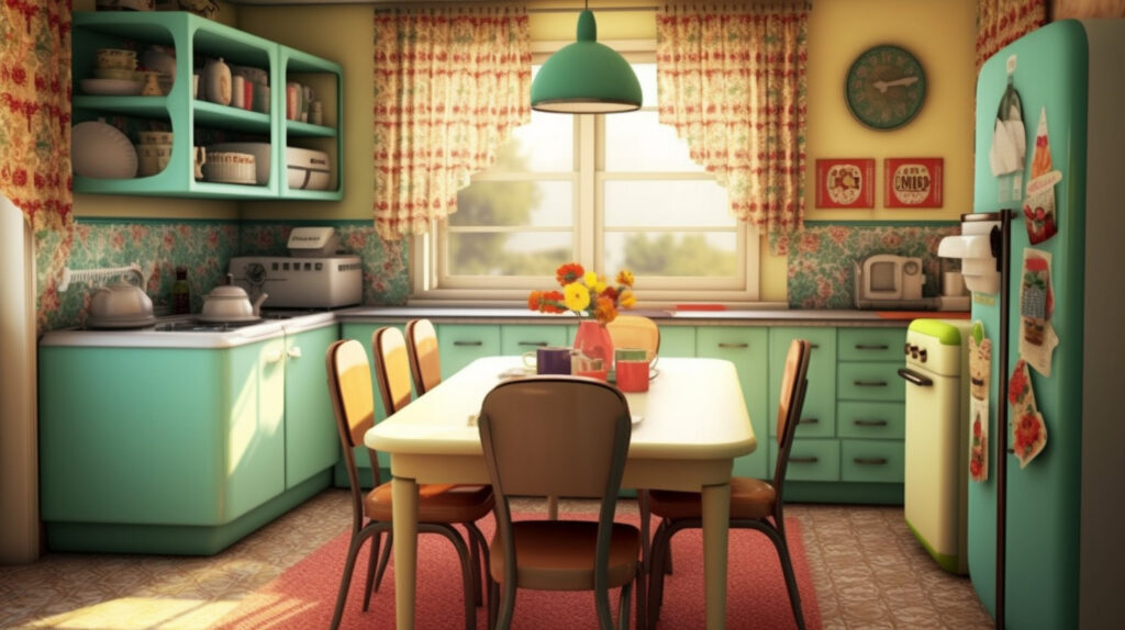 Retro kitchen showcasing patterned curtains and tablecloths for a lively and decorative atmosphere