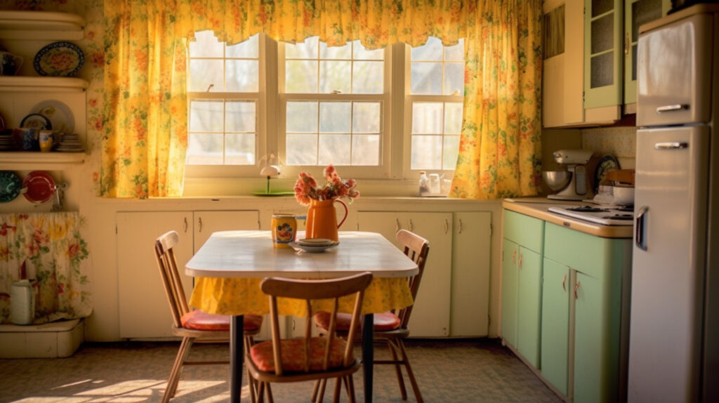 Retro kitchen showcasing patterned curtains and tablecloths for a lively and decorative atmosphere