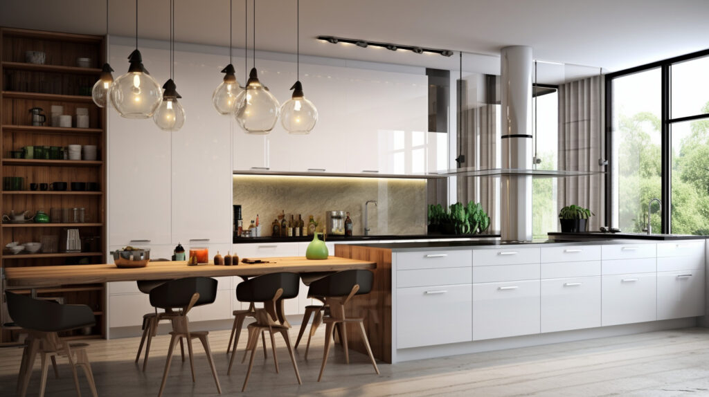 Retro kitchen showcasing sleek and minimalist lighting fixtures for a modern and sophisticated ambiance 