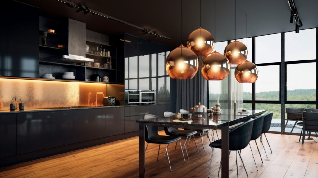 Retro kitchen showcasing sleek and minimalist lighting fixtures for a modern and sophisticated ambiance 
