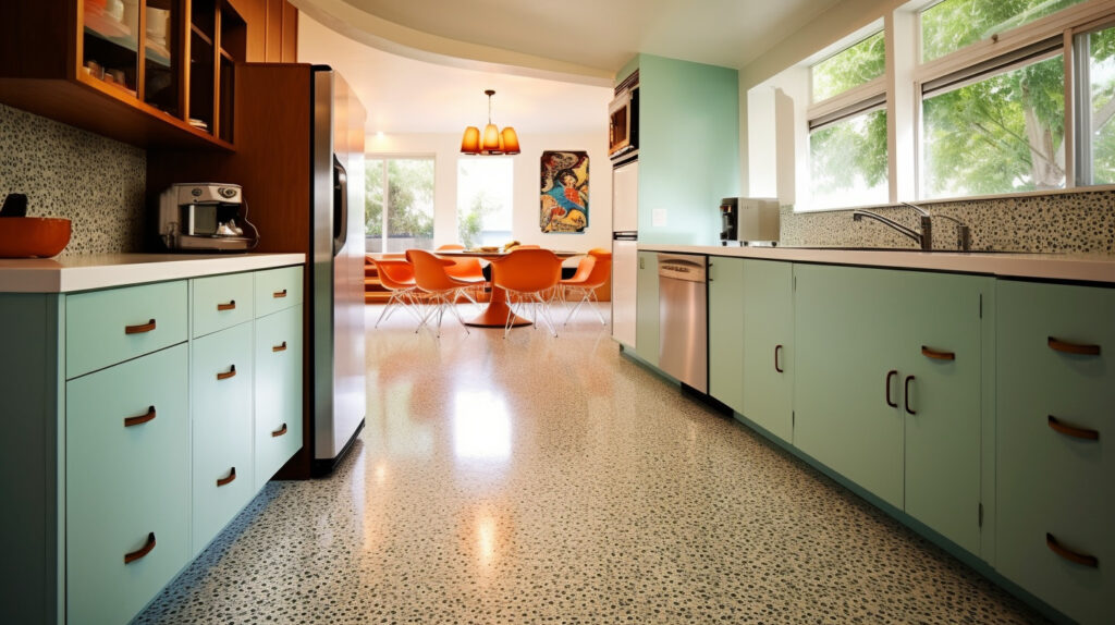 Retro kitchen showcasing terrazzo flooring for a sophisticated and timeless design