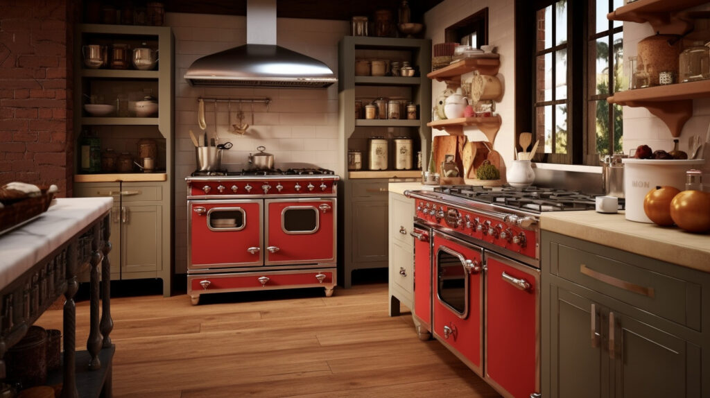 Retro kitchen with a classic range oven that combines vintage aesthetics with modern technology 