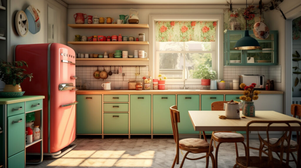 Retro kitchen with a touch of Japanese style, blending vintage charm with minimalist aesthetics 