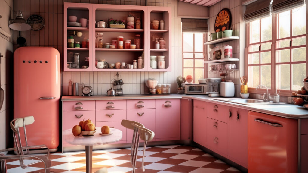 Retro kitchen with charming dusty rose cabinets for a touch of nostalgia 