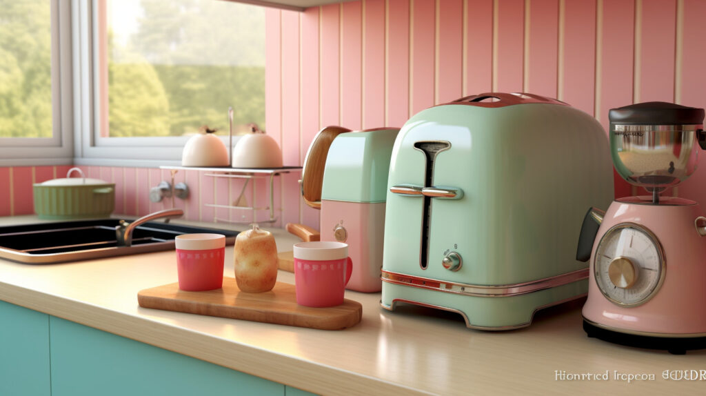 Retro kitchen with stylish retro-inspired toasters and mixers for a nostalgic touch 