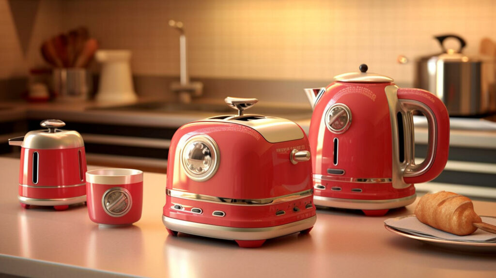 Retro kitchen with stylish retro-inspired toasters and mixers for a nostalgic touch 