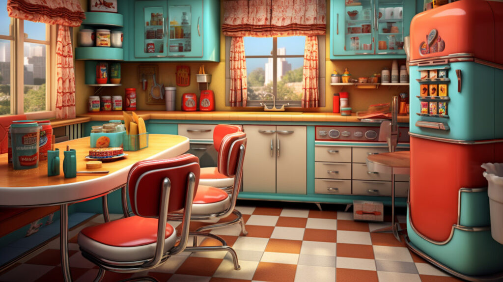 Retro kitchen with vibrant colors and nostalgic elements