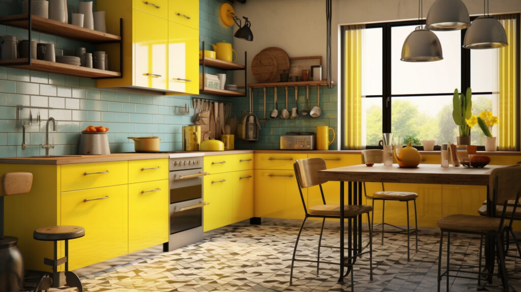 Retro kitchen with vibrant lemon yellow tiles adding a pop of color