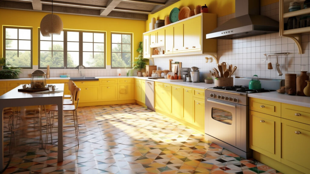 Retro kitchen with vibrant lemon yellow tiles adding a pop of color