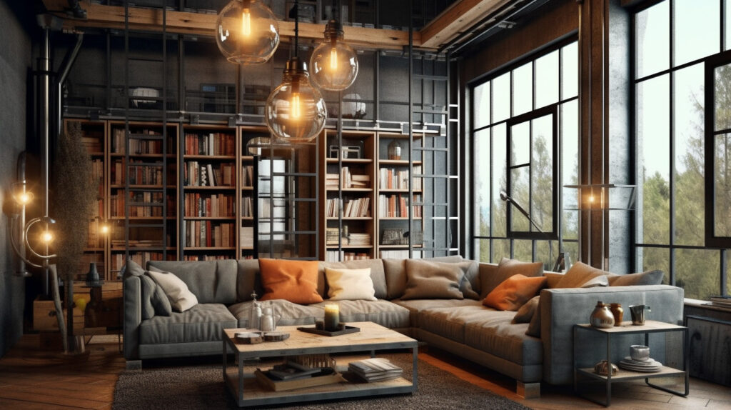 Rustic industrial living room chandelier complementing the room’s decor