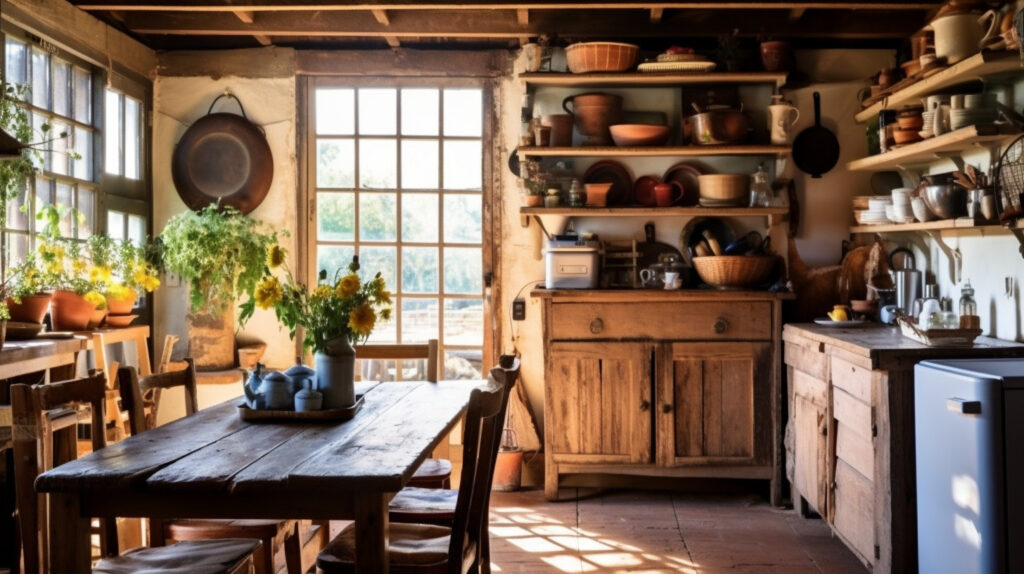 Rustic kitchen nook with wooden furniture and vintage decor