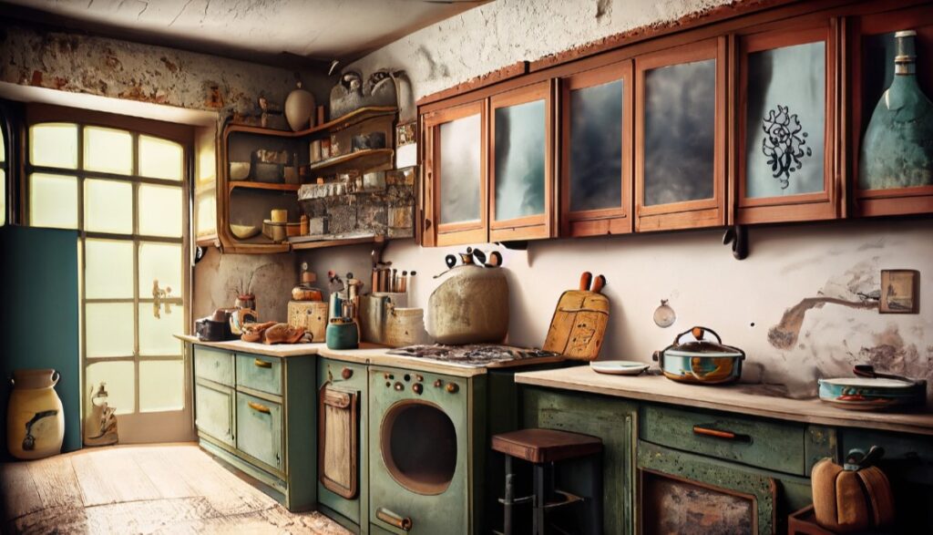Rustic kitchen showcasing unique charm with vintage accessories and distressed cabinets