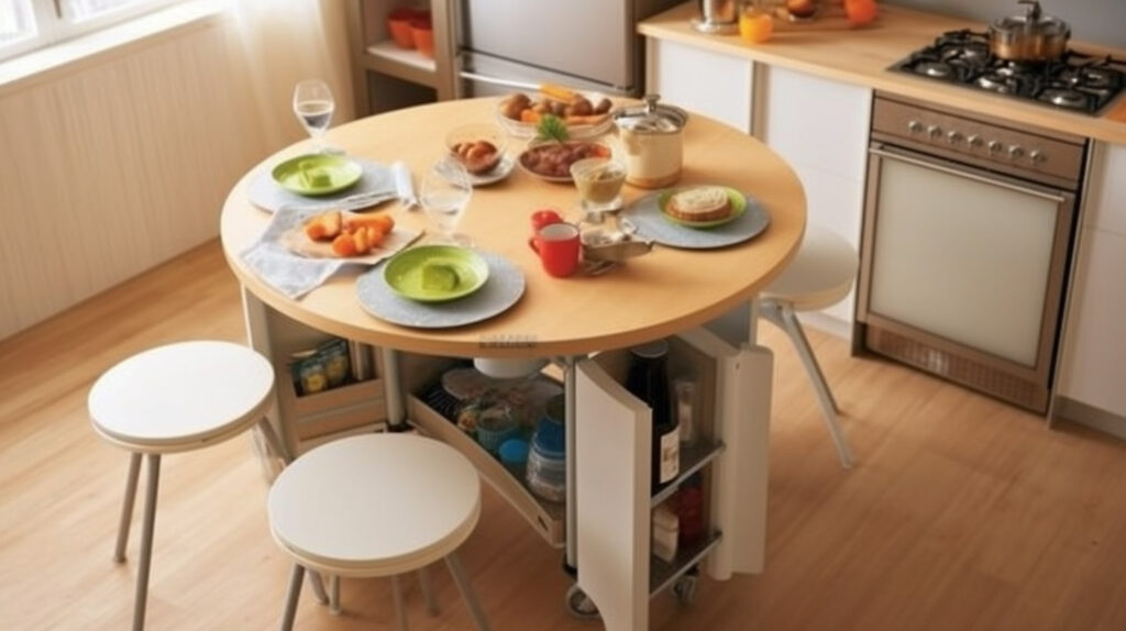 Small kitchen transformed by a folding kitchen table