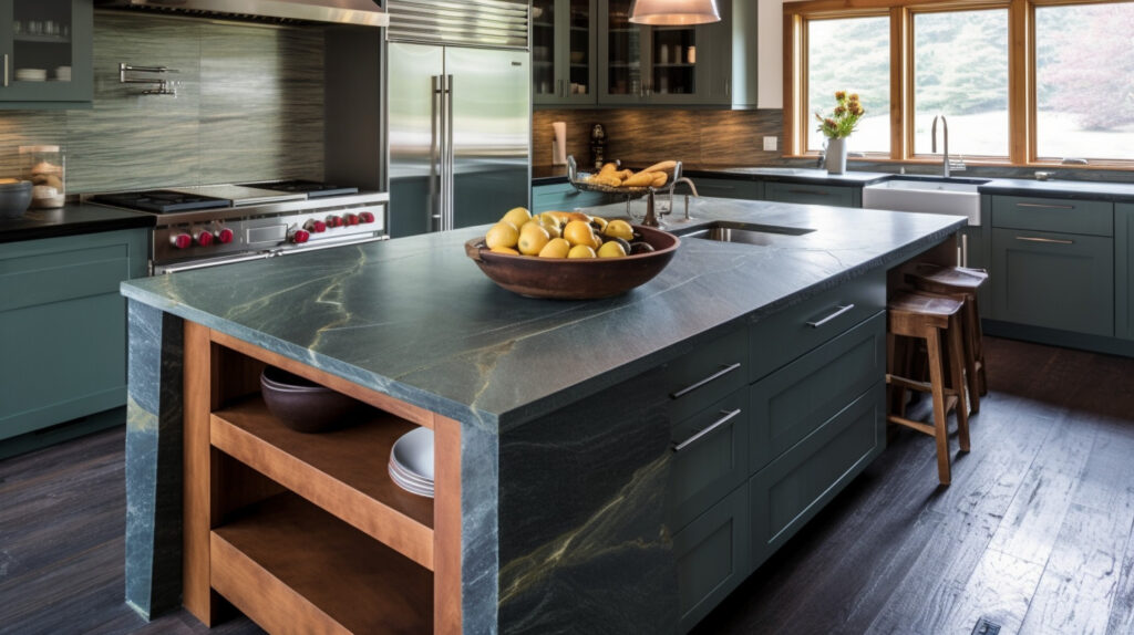 Smooth and rich-colored soapstone stone kitchen island