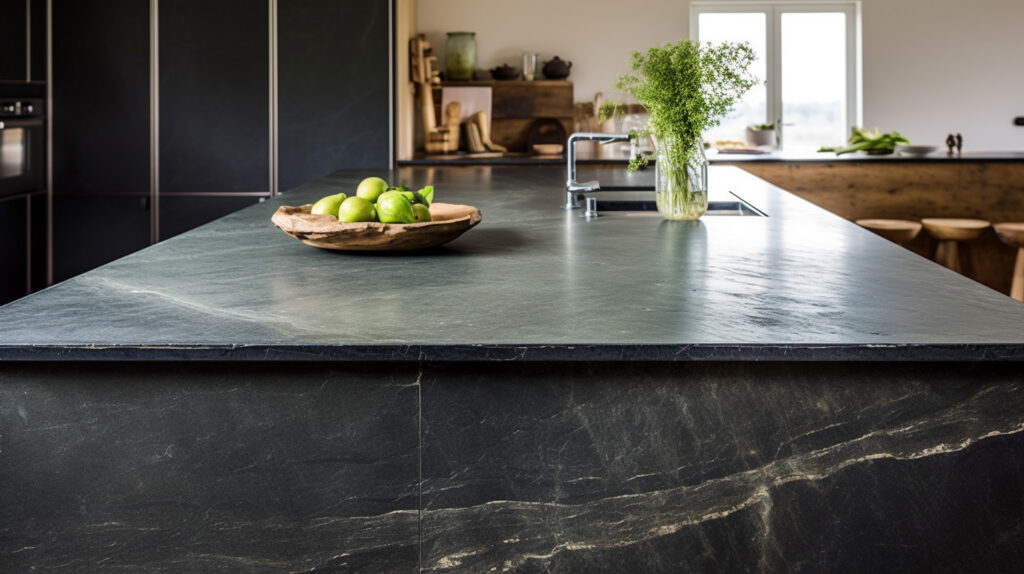 Smooth and rich-colored soapstone stone kitchen island