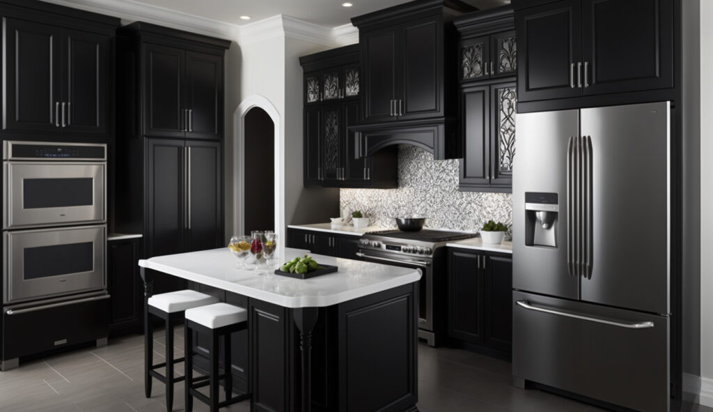 Tủ bếp màu đen nổi bật tạo nên một tuyên ngôn táo bạo, tương phản tuyệt đẹp với mặt bàn trắng và các thiết bị thép không gỉ
