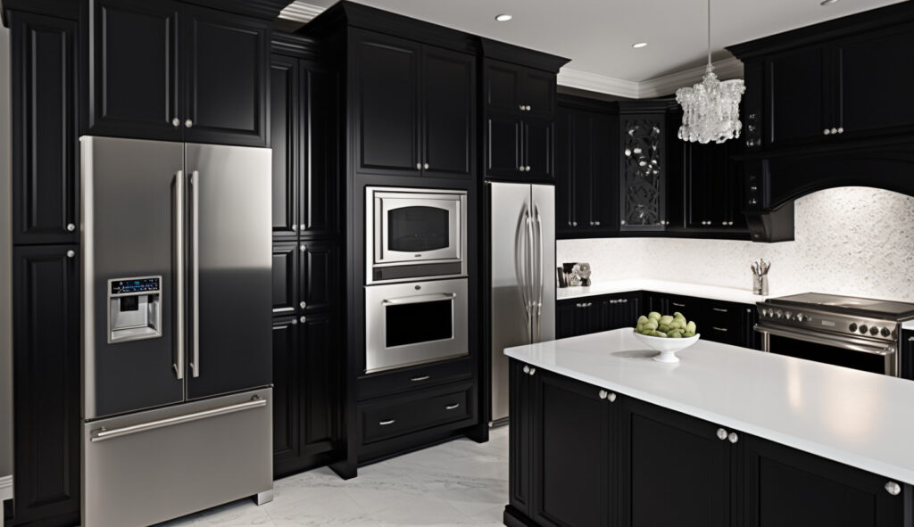Các tủ bếp màu đen nổi bật tạo nên một tuyên ngôn táo bạo, tương phản tuyệt đẹp với mặt bàn trắng và các thiết bị thép không gỉ