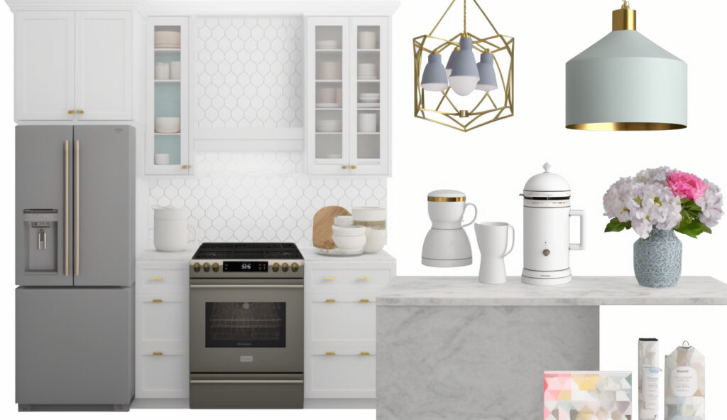 Accessori eleganti per una cucina bianca e grigia, tra cui maniglie, lampade e oggetti decorativi colorati