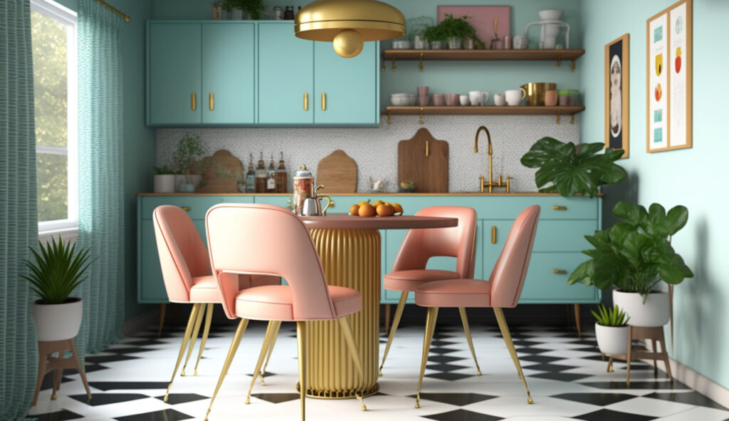 Stylish mid-century modern kitchen furniture, featuring a retro-inspired dining set, iconic chairs, and a statement bar cart 