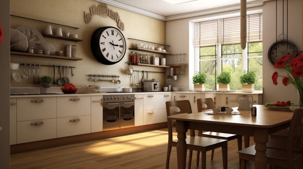 Stylish wall kitchen clock in a decorated kitchen