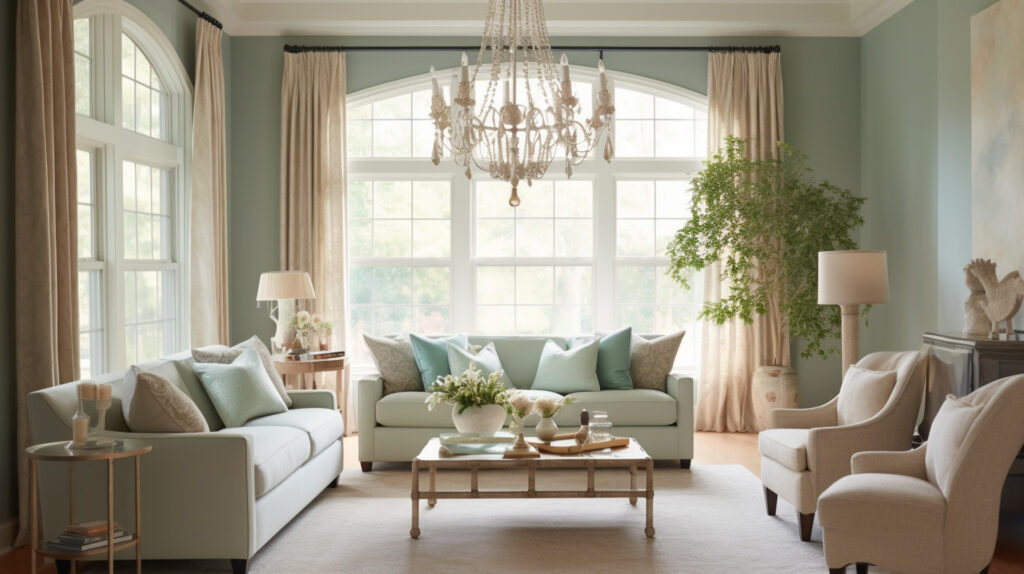 Transitional living room chandelier in a blended decor setting
