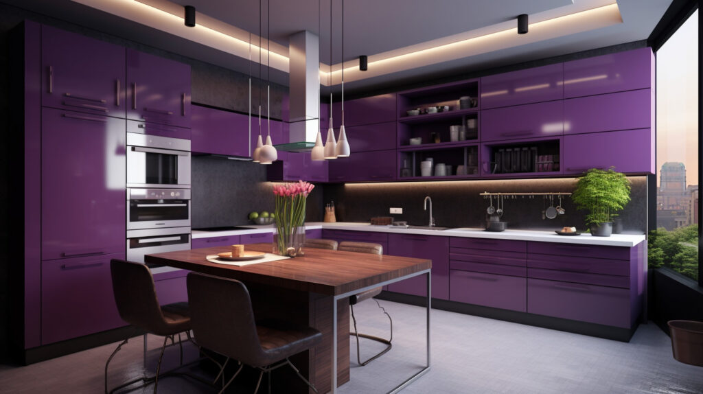 Two kitchens incorporating purple in subtle and bold ways for unique designs