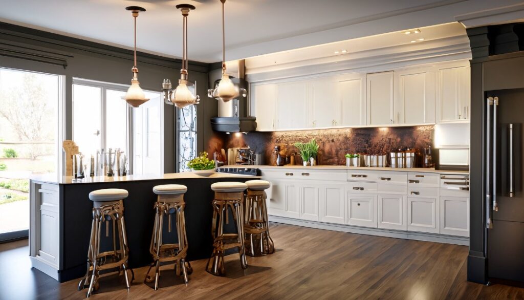 Unique island kitchen with bar stools and pendant lighting