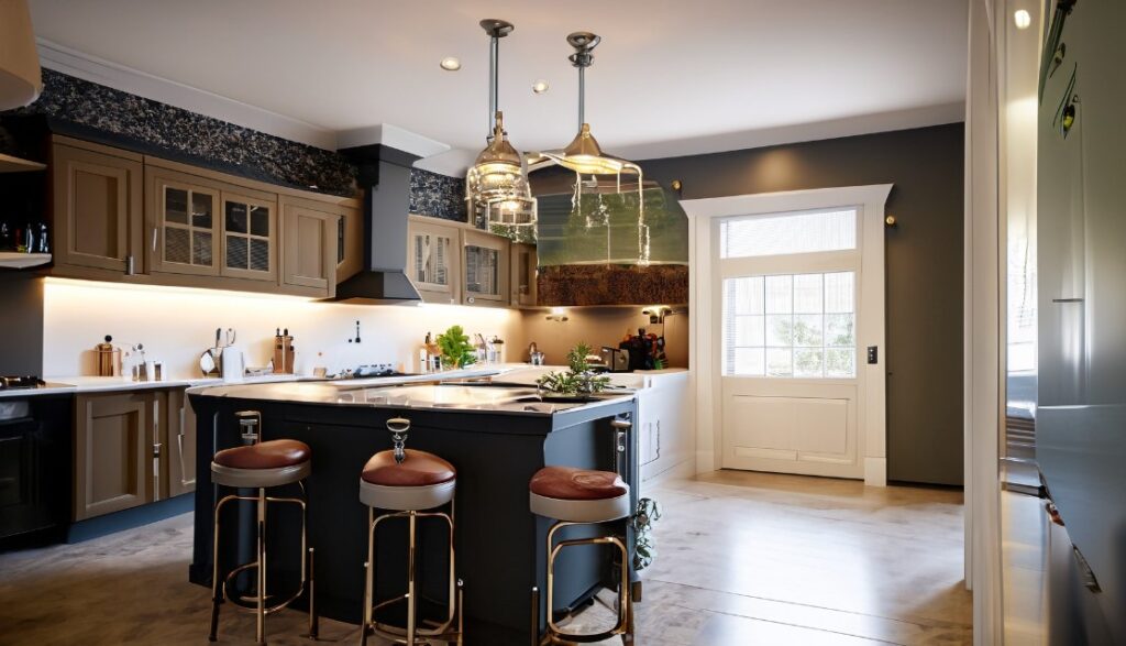 Unique island kitchen with bar stools and pendant lighting
