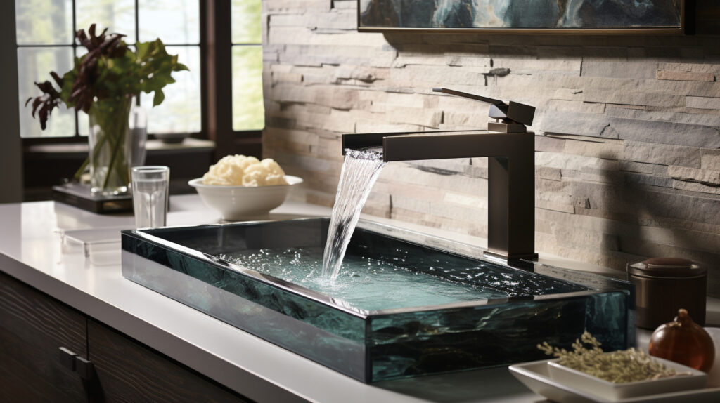 Unique waterfall spout design and sleek finish for a visually captivating kitchen