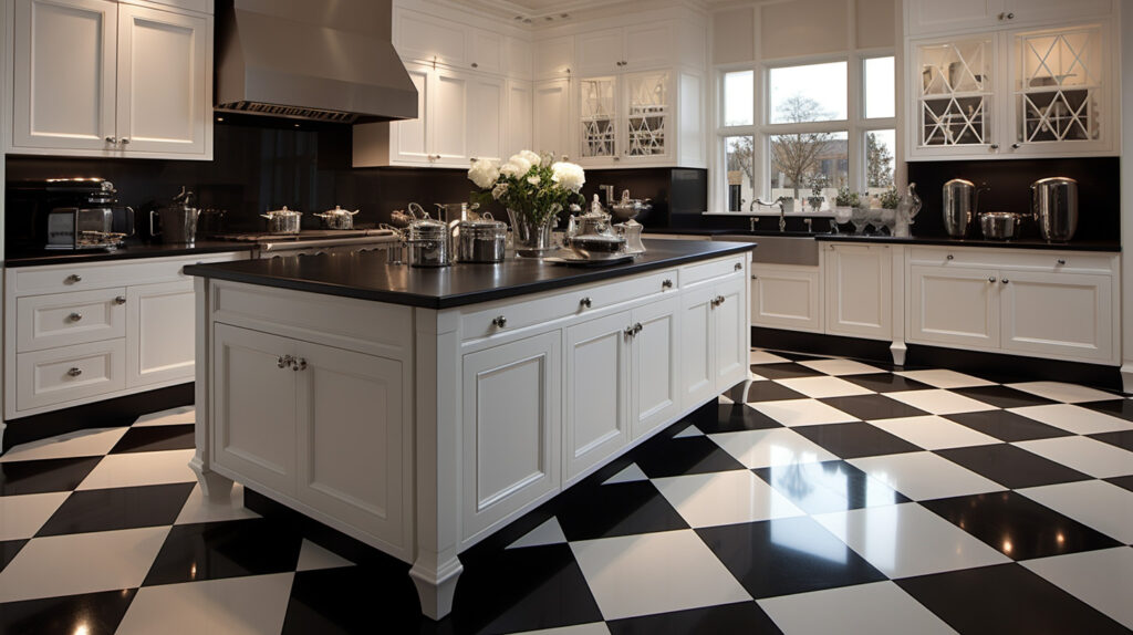 Sự đa dạng về lựa chọn sàn nhà trong căn bếp đen và trắng