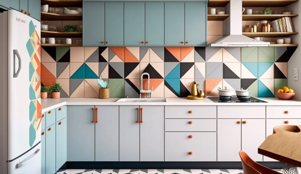 Various backsplash options for a mid-century modern kitchen, such as geometric tiles, subway tiles, and playful patterns