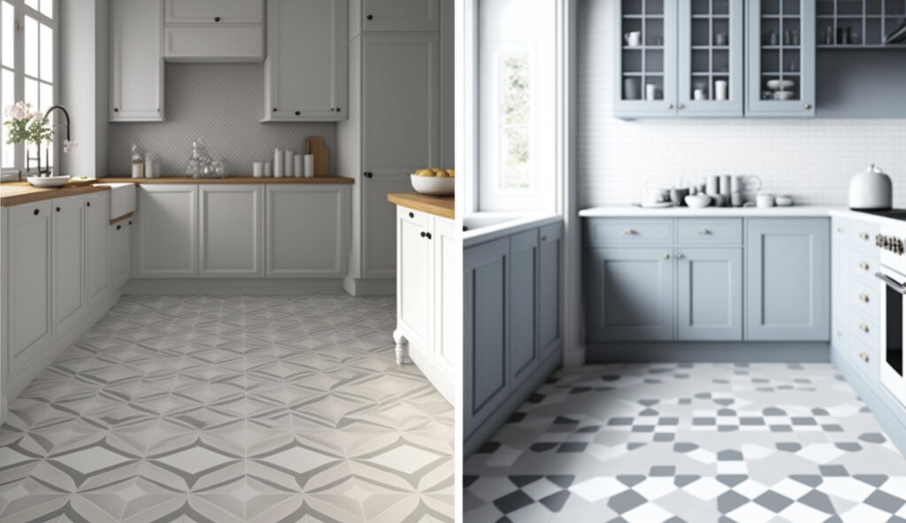 Diverse scelte di pavimenti per una cucina bianca e grigia, come parquet di colore chiaro, piastrelle in porcellana grigie e piastrelle in cemento con motivi decorativi