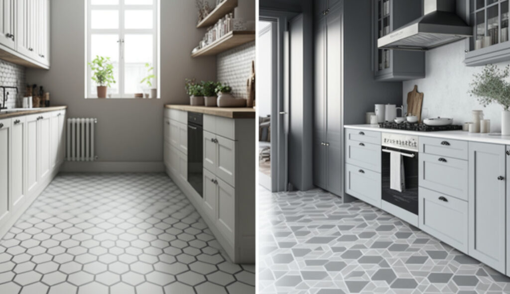 Các lựa chọn sàn nhà khác nhau cho một ngôi nhà bếp màu trắng và xám, bao gồm gỗ sồi màu sáng, gạch men xám và gạch men xi măng hoa văn