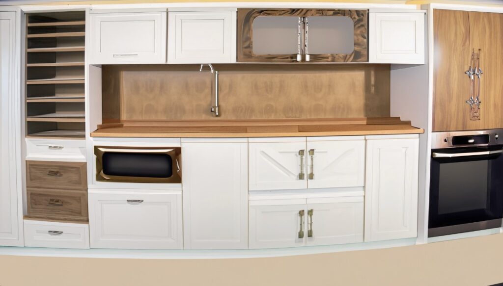 Various styles and materials of kitchen cabinets