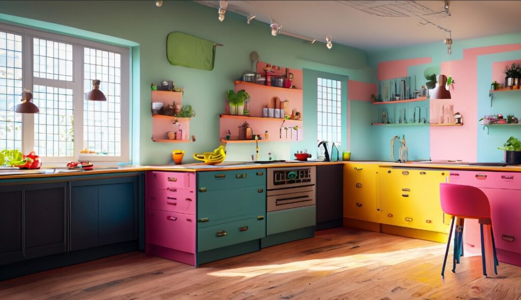 Vibrant kitchen with a delightful mix of colors for a unique and cheerful atmosphere