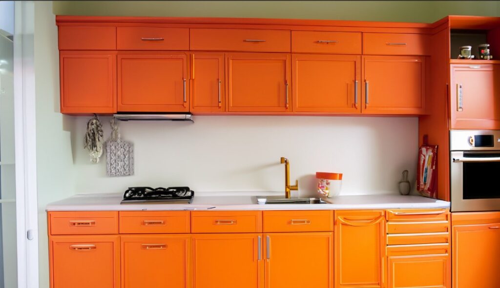 Vibrant orange kitchen cabinets