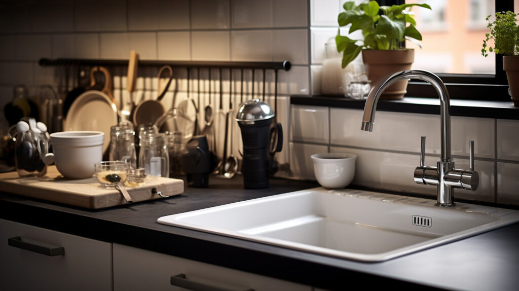 Căn bếp đen và trắng được bảo quản tốt với dụng cụ vệ sinh